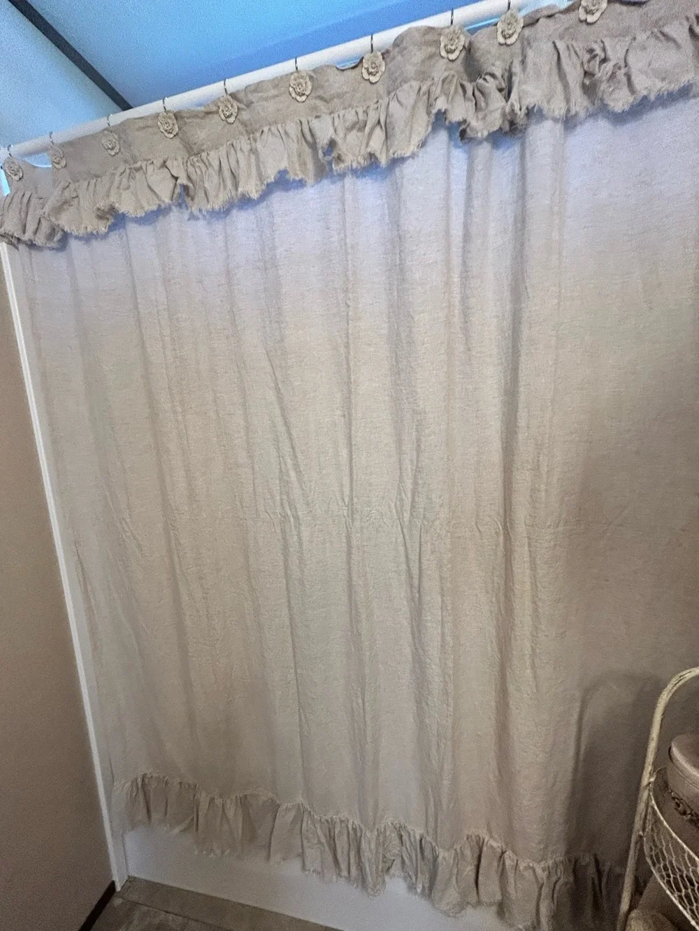 Pottery Barn beige flax linen shower curtain